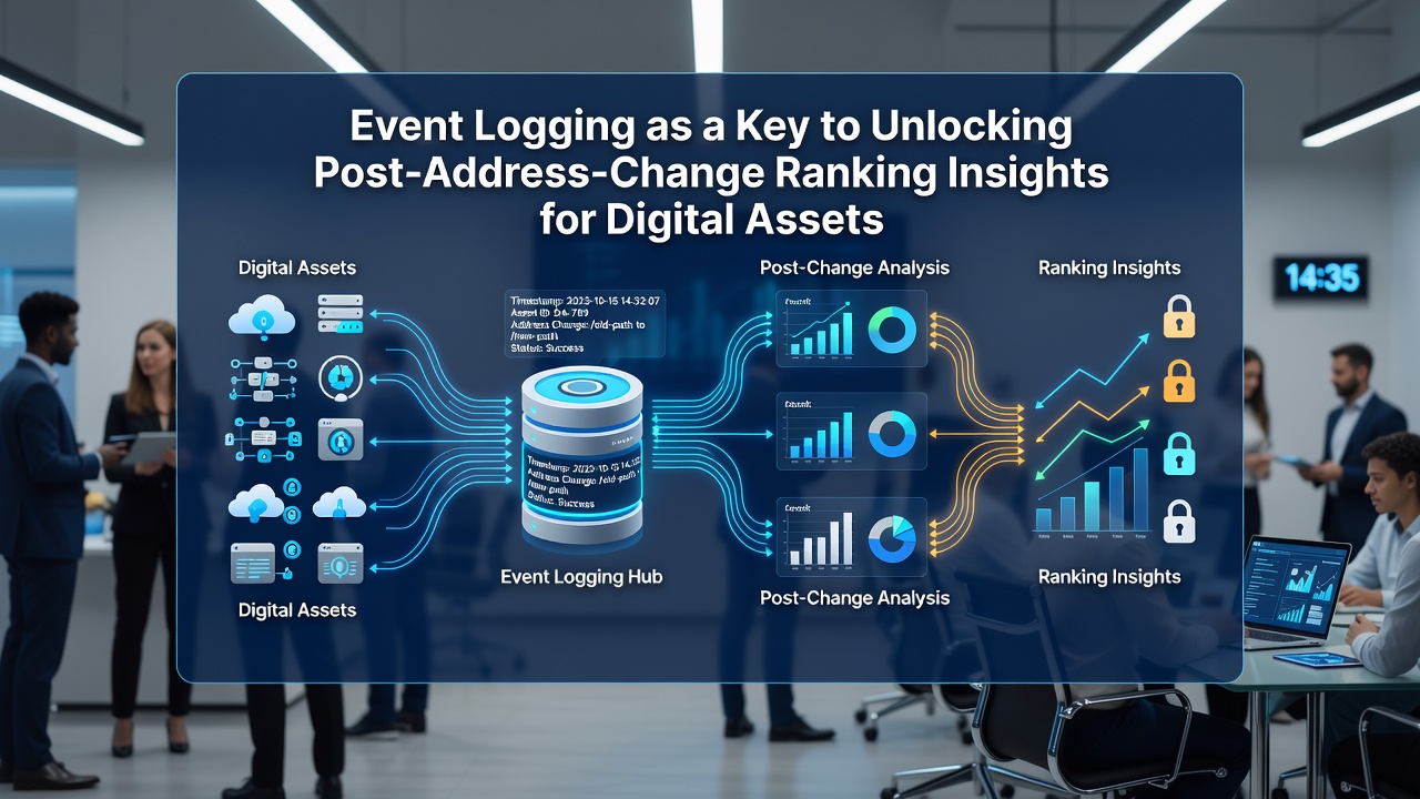 Timeline visualization of event logs correlating address changes with search ranking data points for digital assets