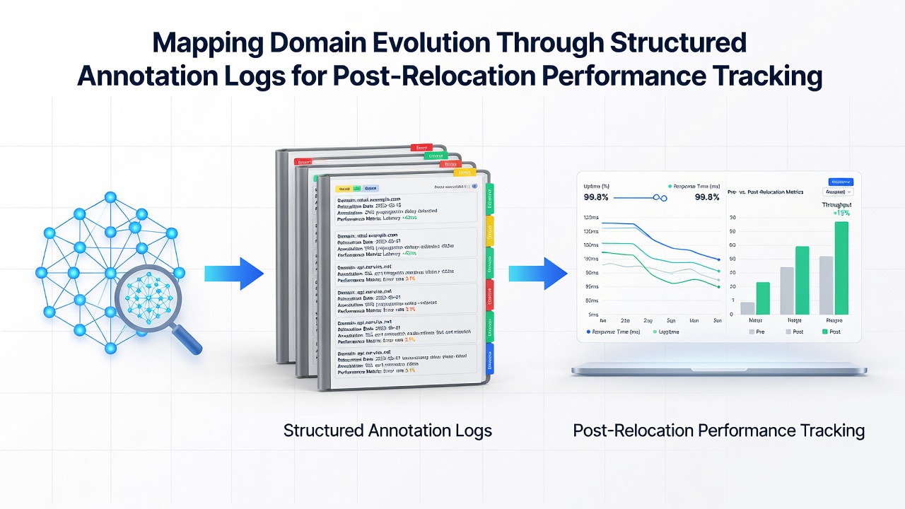 Annotated log entries showing domain evolution metrics and performance indicators after relocation